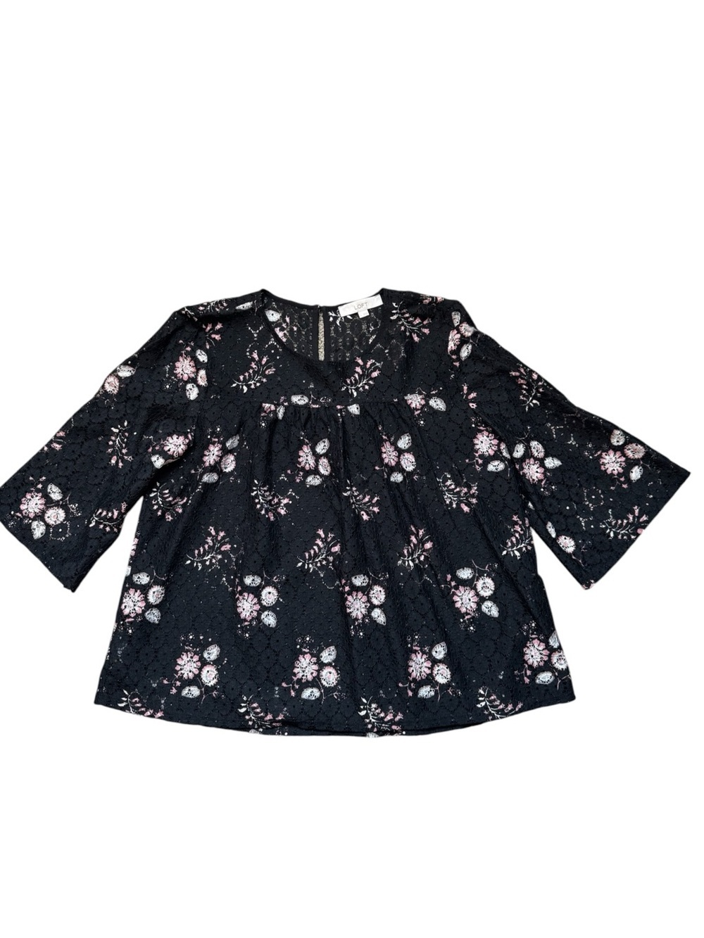 LOFT Black Floral Lace Bell Sleeve Blouse Size Large